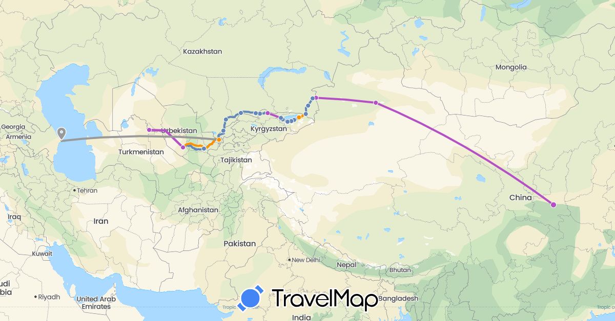 TravelMap itinerary: driving, plane, cycling, train, hitchhiking in Azerbaijan, China, Kyrgyzstan, Kazakhstan, Uzbekistan (Asia)